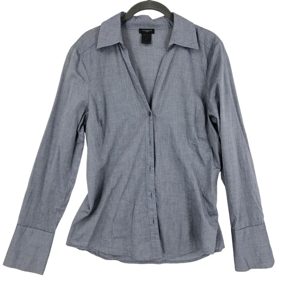 Ann Taylor Blouse Women's Size 8 Blue Solid Cotton Long Sleeve Button Front Tops